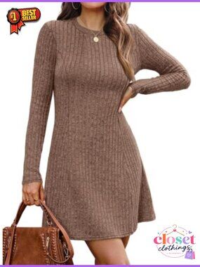 Ribbed Knit Long Sleeve Crew Neck Bodycon Sweater Dress
